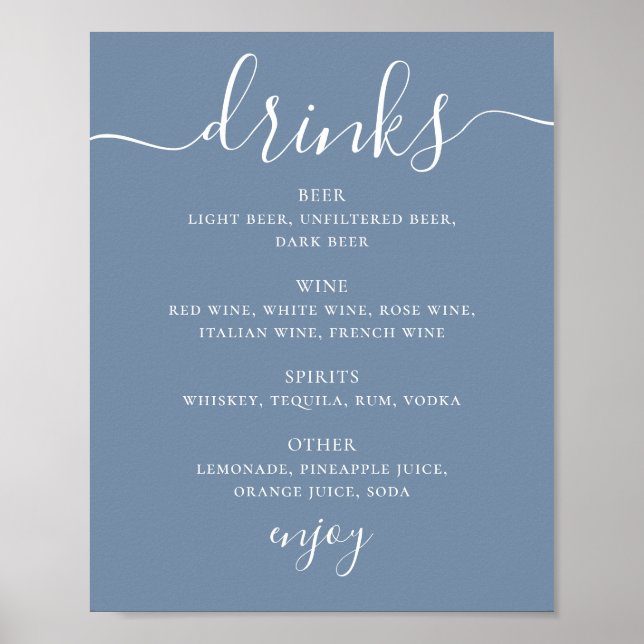 Poster Sinal de Bebidas de Casamento Azul Empoeirado Cost (Frente)