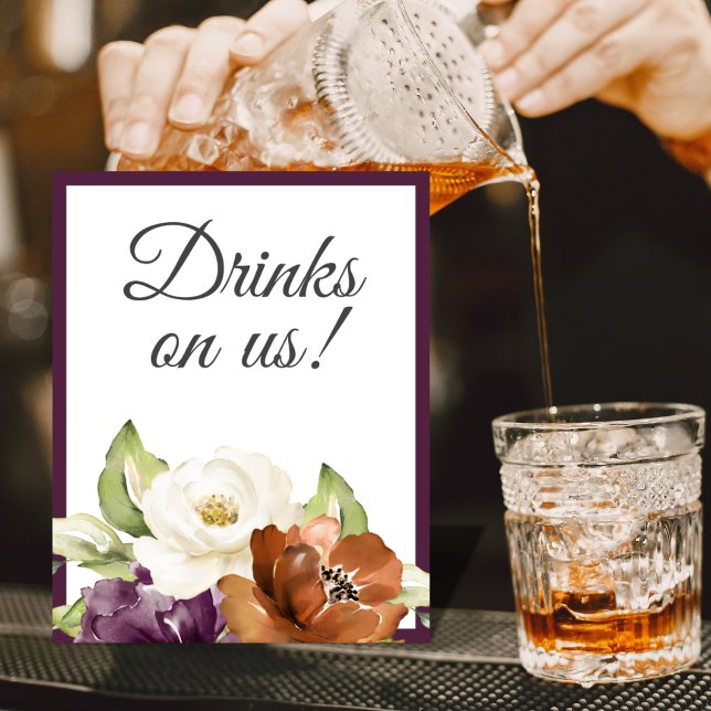 Poster Sinal de Bebidas de Casamento Floral Roxo de Outon (Criador carregado)