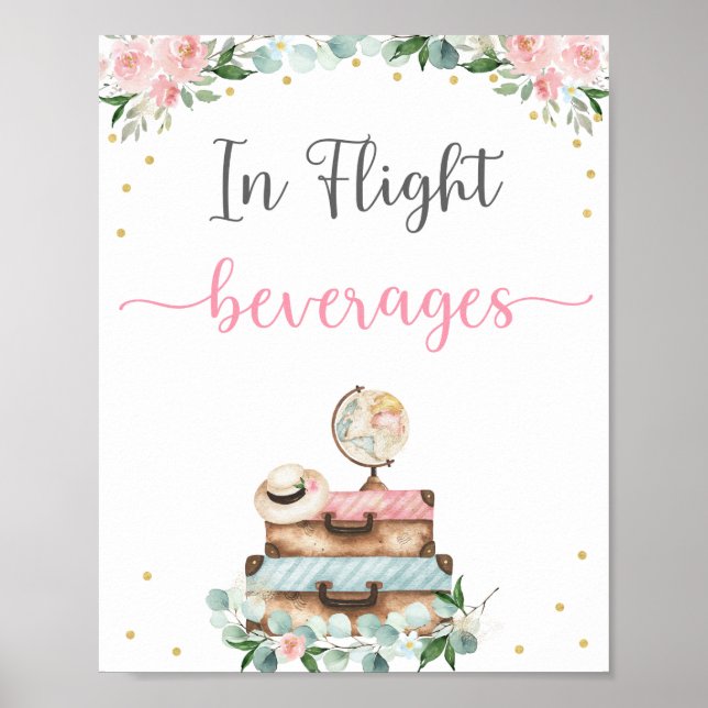 Poster Sinal de Bebidas de Viagem Floral em Dourado Rosa  (Frente)