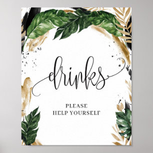 Poster Sinal de bebidas douradas florais de folhas tropic