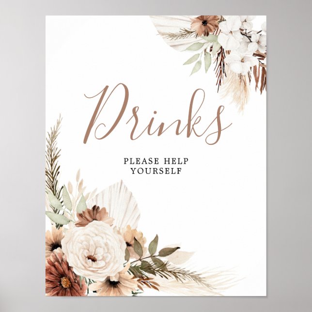 Poster Sinal de Bebidas em Grama de Pampas Bege Elegante  (Frente)