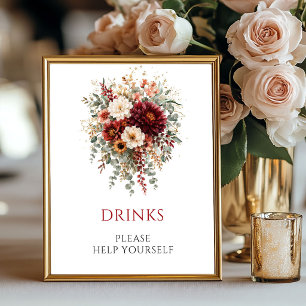 Poster Sinal de Bebidas Florais de Outono Borgonha 8x10 C