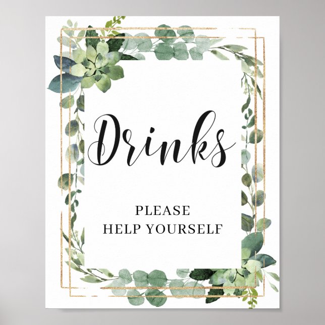 Poster Sinal de Bebidas Florais de Suculentas Modernas (Frente)