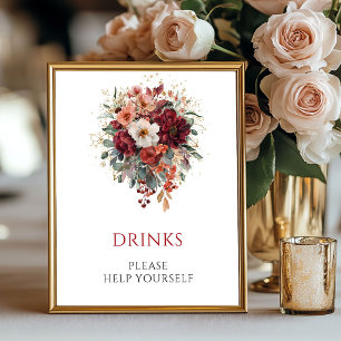 Poster Sinal de Bebidas Folhagens Florais de Outono Casam