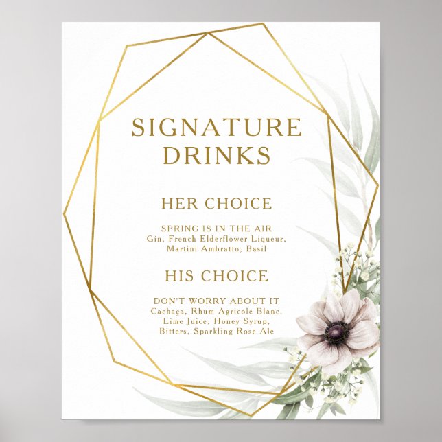 Poster Sinal de Bebidas Geométricas de Eucalipto Dourado (Frente)