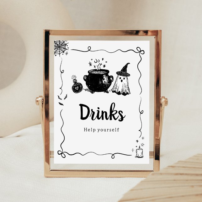Poster Sinal de Bebidas Halloween Baby está Brewando (Hand Drawn A Baby is Brewing Baby Shower Drinks Sign)
