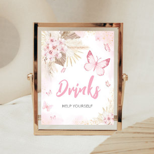 Poster Sinal de Bebidas para Chá de Bebê Borboleta Rosa