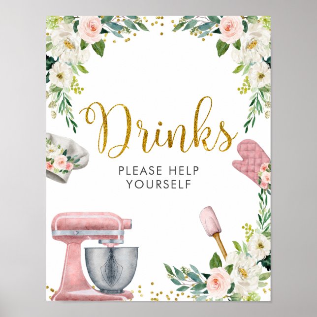 Poster Sinal de Bebidas para Chá de Noiva Floral Kitchen (Frente)