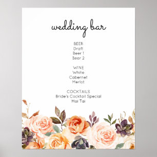 Poster Sinal de Blush e Peach Floral Bar Drinks