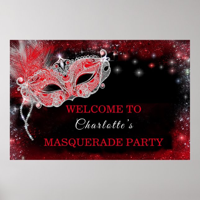 Poster Sinal de Boas-Vindas à Festa de Mascarada Preto e  (Frente)