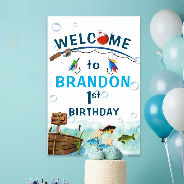 Poster Sinal de boas-vindas ao aniversário do O-fish (Fishing themed boy 1st birthday party welcome sign. O-fish-ally, little fisherman birthday decor.)