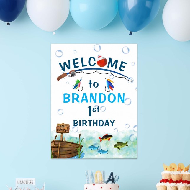Poster Sinal de boas-vindas ao aniversário do O-fish (Fishing themed, O-fish-ally, birthday poster welcome sign. Little fisherman birthday party decor.)