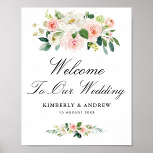Poster sinal de boas-vindas ao casamento floral com blush