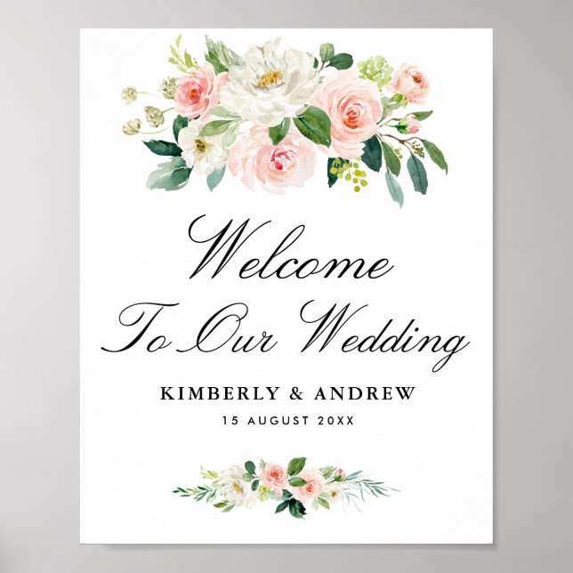 Poster sinal de boas-vindas ao casamento floral com blush (Frente)