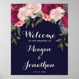Poster sinal de boas-vindas ao casamento floral dos rosas