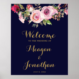 Poster sinal de boas-vindas ao casamento floral marinho r