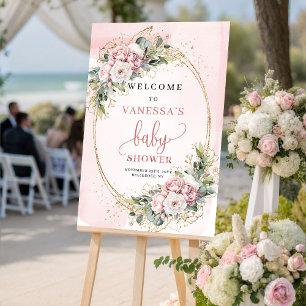 Poster Sinal de Boas-Vindas ao Chá de Bebê Floral Rosa Po