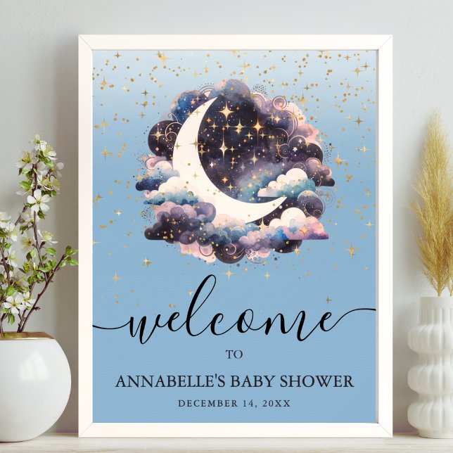 Poster Sinal de Boas-Vindas ao Chá de Bebê Sobre a Lua (Over The Moon Baby Shower Welcome Sign)