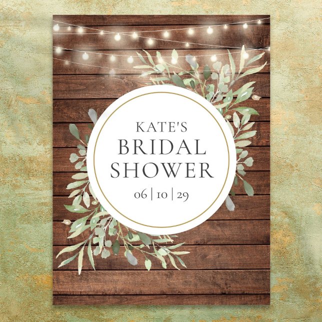 Poster Sinal de Boas-vindas ao Chá de panela de Madeira R (Greenery Rustic Wood Bridal Shower Welcome Sign)