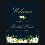 Poster sinal de boas-vindas ao chá de panela de marfim br<br><div class="desc">Um tema verde adorável com flores brancas de marfim de aquarela e folhagem verde. O texto e a cor azul escura podem ser personalizados.</div>