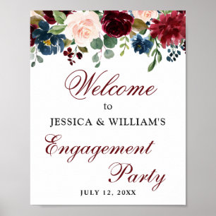 Poster Sinal de Boas-Vindas ao Noivado Burgundy Navy Flor