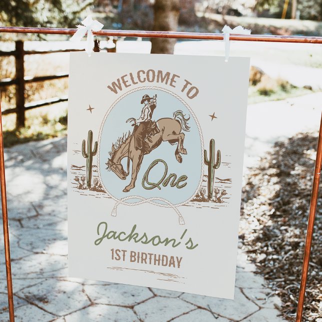 Póster Sinal de boas-vindas ao primeiro aniversario Vinta (Buckaroo 1st Birthday Party Welcome Sign, Vintage Cowboy Birthday Welcome Poster, Western Wild West)
