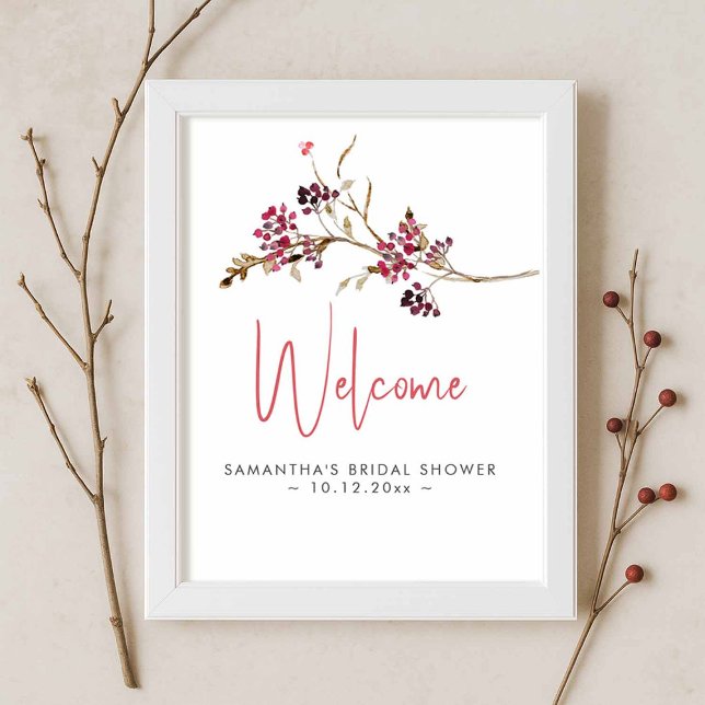 Poster Sinal de Boas-vindas aos Temas do Chá de panela de (rustic bridal shower sign with watercolor berries and twigs for fall and winter themes)