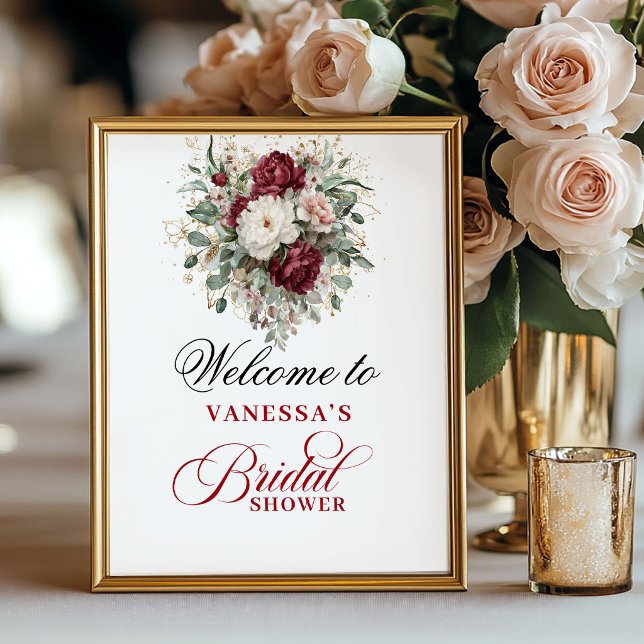 Poster Sinal de Boas-Vindas Artístico Rosa Bege Borgonha  (Artistic Blush Burgundy Bridal Shower Welcome Sign)