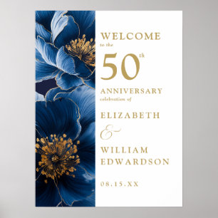 Poster Sinal de Boas-Vindas Azul Elegante Floral 50º Aniv