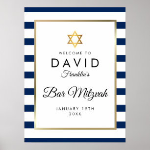 Poster Sinal de Boas-Vindas Azul-Naval Dourado Bar Mitzva