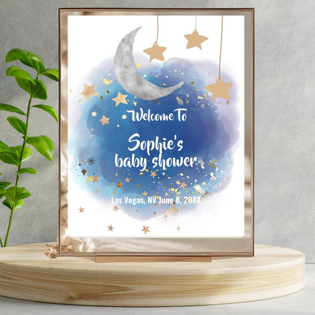 Poster Sinal de Boas-Vindas Azul Real Dourado Lua e Estre (Criador carregado)