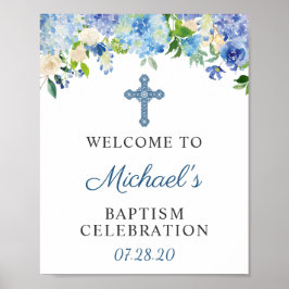 Poster Sinal de boas-vindas Baptism Hydrangea Floral Azul