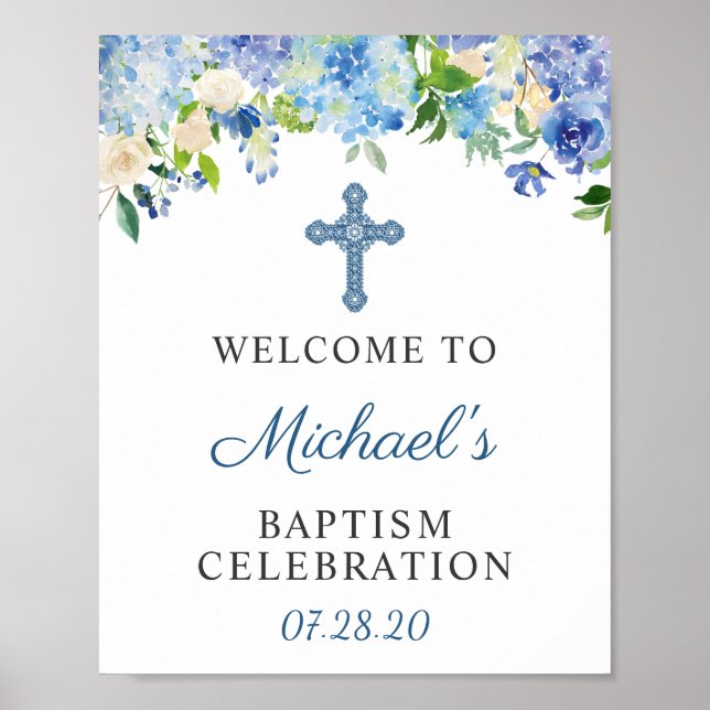 Poster Sinal de boas-vindas Baptism Hydrangea Floral Azul (Frente)