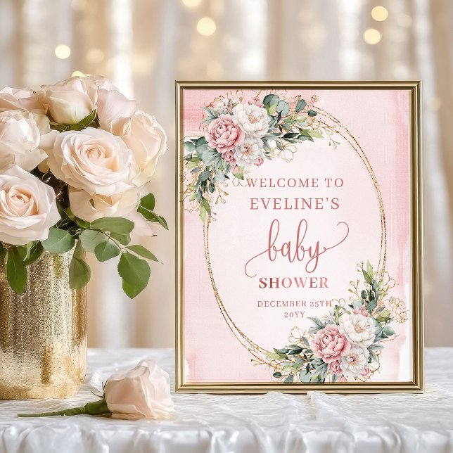 Poster Sinal de Boas-Vindas Bebê Flores Rosa Poeirento Do (Dusty Pink Flowers Gold Welcome Baby Shower Sign)