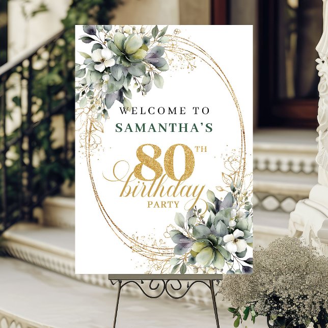 Poster Sinal de Boas-Vindas Boho com Verdura para 80º Ani (Chic 80th Birthday Boho Greenery Welcome Sign)