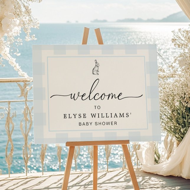 Poster Sinal de boas-vindas Bunny Rabbit Blue Gingham (Criador carregado)