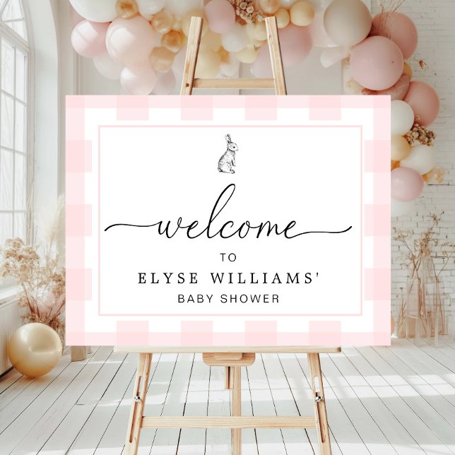 Poster Sinal de boas-vindas Bunny Rabbit Pink Gingham (Criador carregado)