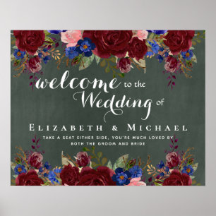 Poster Sinal de Boas-vindas Burgundy Blue Floral