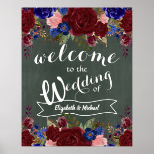 Poster Sinal de Boas-vindas Burgundy Blue Floral