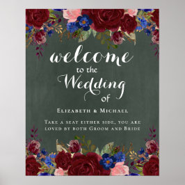 Poster Sinal de Boas-vindas Burgundy Blue Floral