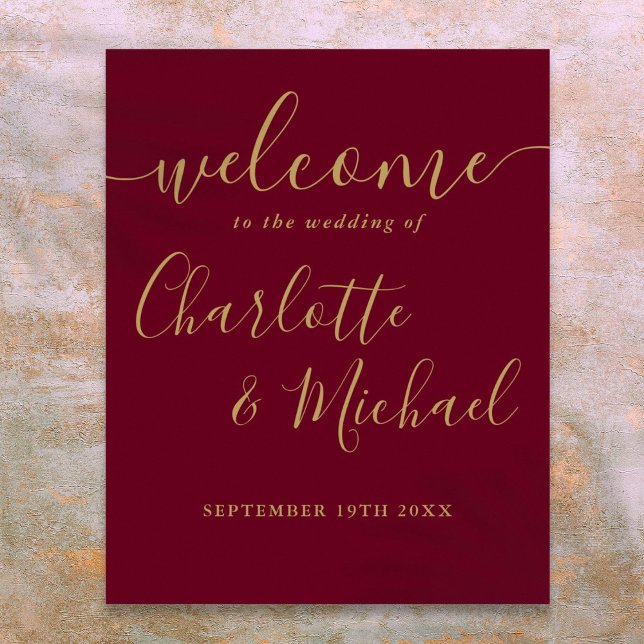Poster Sinal de Boas-vindas Burgundy e Dourado Script Wed (Burgundy and Gold Script Wedding Welcome Sign)