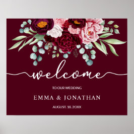 Poster Sinal de Boas-Vindas Burgundy Marsala Floral