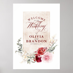 Poster Sinal de Boas-vindas Burgundy Red Flowers