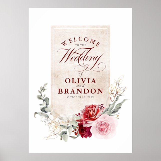 Poster Sinal de Boas-vindas Burgundy Red Flowers (Frente)