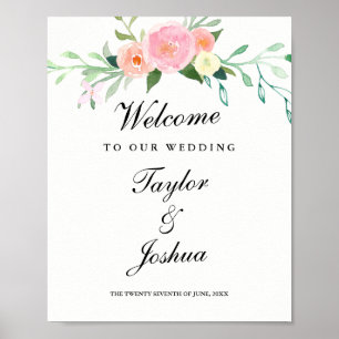 Póster Sinal de Boas-Vindas Casamento Aquarela Flor Silve