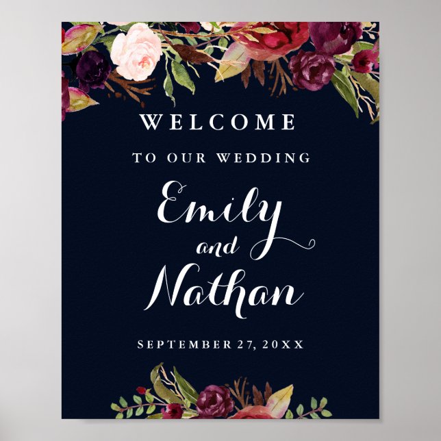 Póster Sinal de Boas-Vindas Casamento Burgundy Navy Flora (Frente)