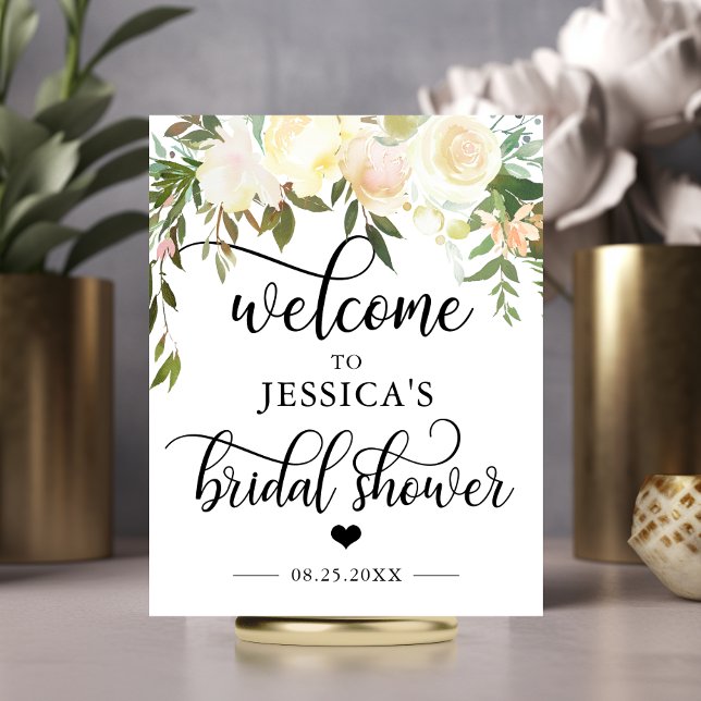 Poster Sinal de Boas Vindas Chá de Noiva Floral Rosa (Welcome Bridal Shower Floral Pink WELCOME SIGN)