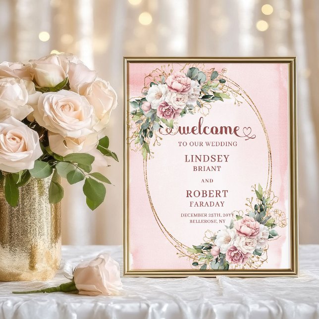 Poster Sinal de Boas-Vindas com Flores de Ouro Atemporais (Timeless Rose Gold Flowers Greenery Welcome)