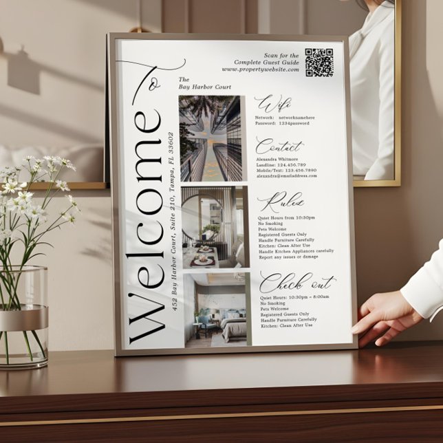 Poster Sinal de Boas-Vindas com QR Code e Foto do Anfitri (Elegant Vacation Rental Host Photo QR Welcome Sign)