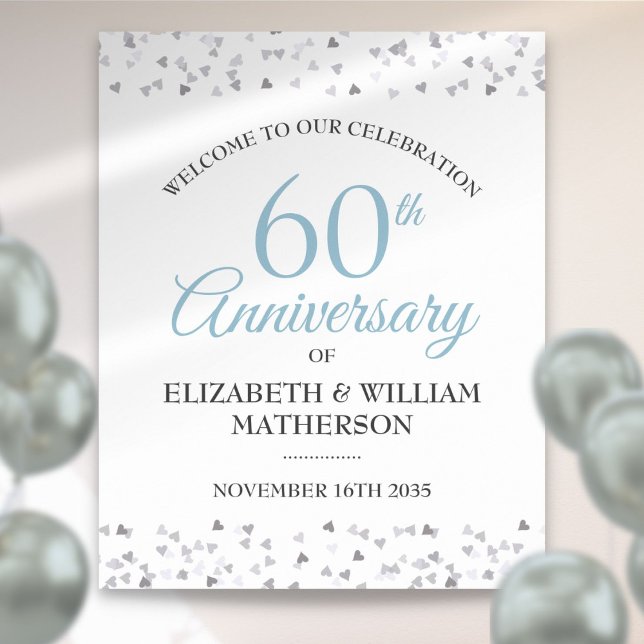 Poster Sinal de Boas-Vindas Confetes Love Hearts de 60º A (60th Anniversary Love Hearts Confetti Welcome Sign)